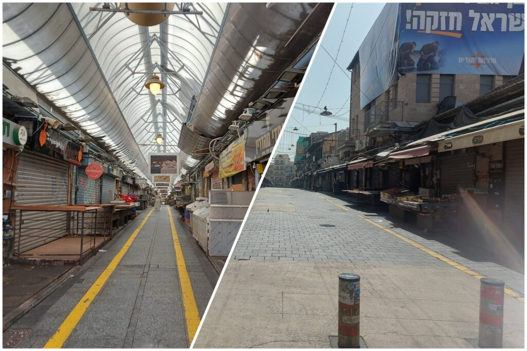 שוק מחנה יהודה בירושלים בשבת, עם סמטאות ריקות, תריסי חנויות סגורים ודוכנים נטושים באזורי השוק המקורה והפתוח
