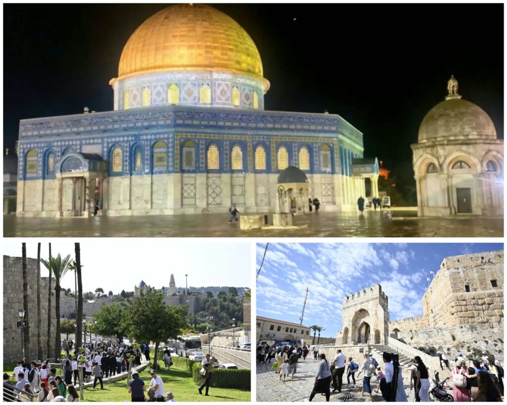 הר הבית בירושלים במהלך סוכות 2026, עם כיפת הסלע, עולים יהודים ושערי המתחם